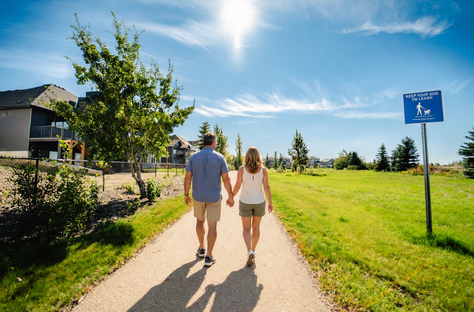 Couple walking a community pathway at Deer Park Estates, Spruce Grove