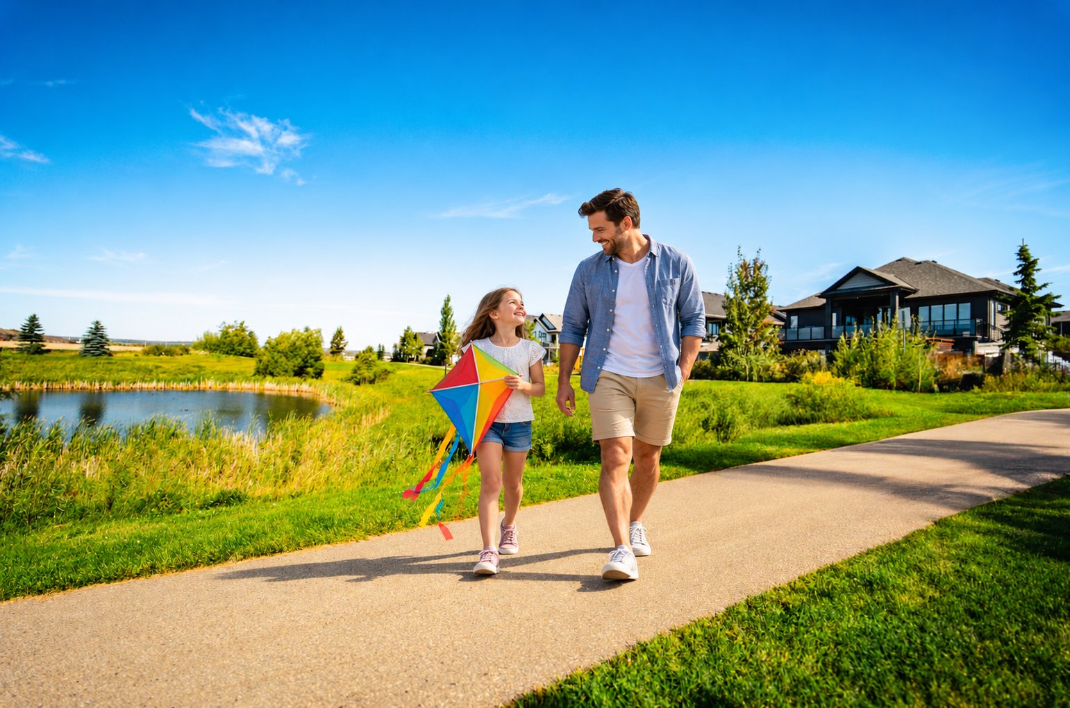 Father and daughter flying a kite by the pond at Deer Park Estates